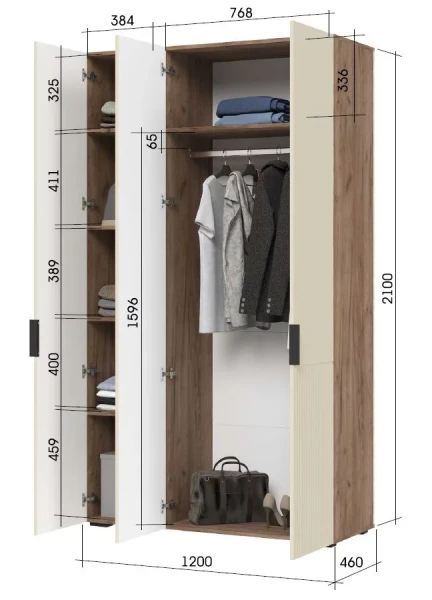 СОНАТА ШК 03 Шкаф 3-х створчатый  (1200х2100х460)Фасад МДФ МОНО КЕРАМИКА/Корпус ДУБ КРАФТ ТАБАЧНЫЙ